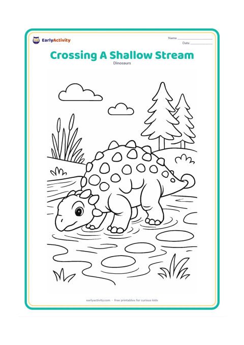 Colouring page: Ankylosaurus carefully crosses a shallow stream, with its four feet partly surrounded by water ripples. Add a fallen log, reeds, stepping stones and distant conifer-like trees.