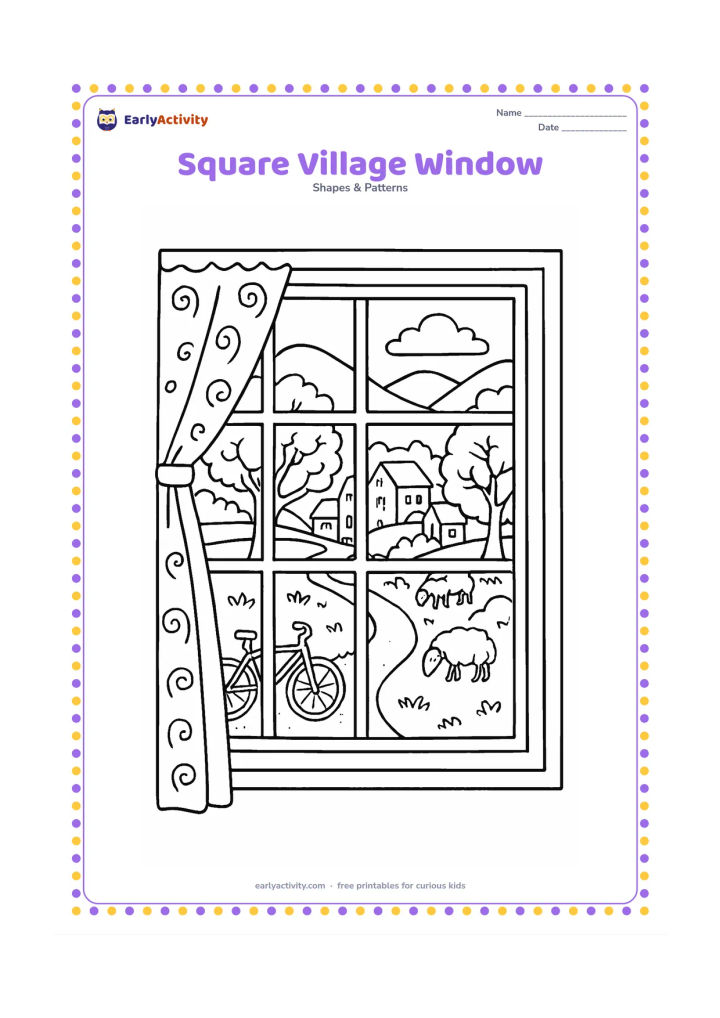 Colouring page: A detailed view through a square window shows a village path, trees, a bicycle, grazing animals, and distant hills. The window has multiple square panes and a patterned curtain.