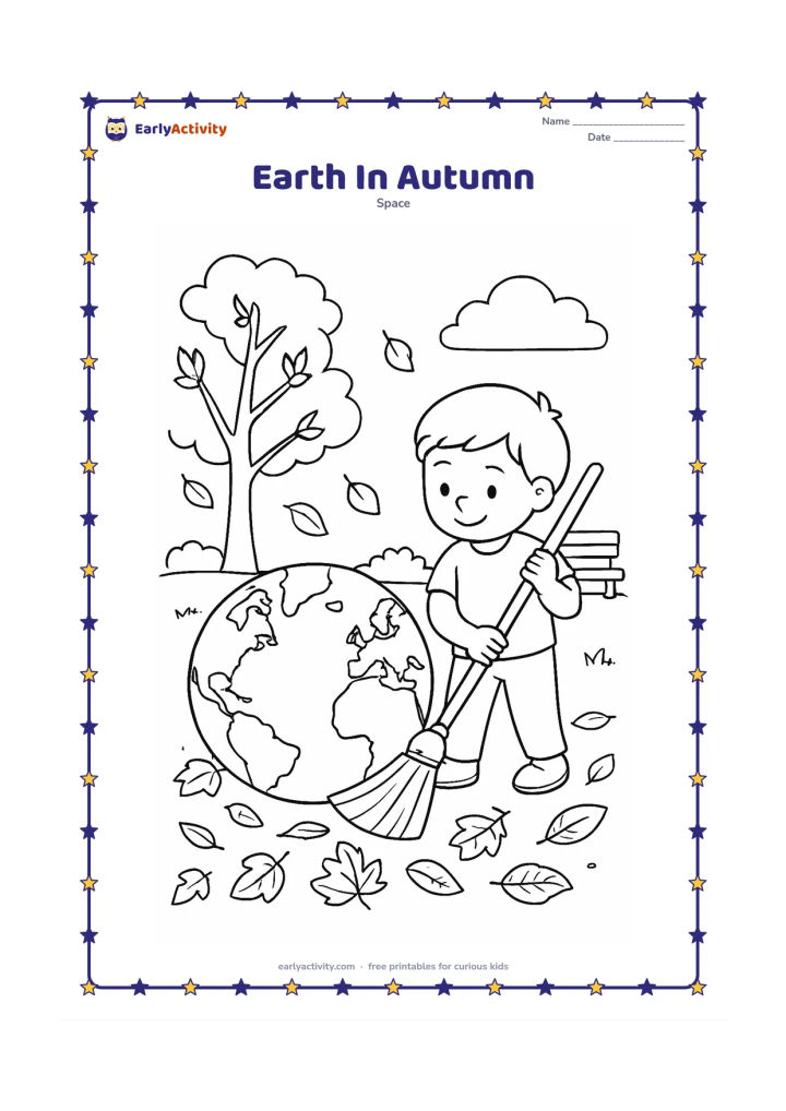 Colouring page: A child sweeps fallen leaves around a large Earth on a park lawn, with a tree losing leaves, a bench and low clouds behind them. Show several different leaf shapes around the ground.