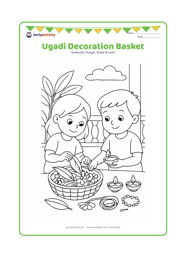 Colouring page: Two children sort mango leaves, flowers, string and small diyas from a basket while preparing festival decorations on a veranda.