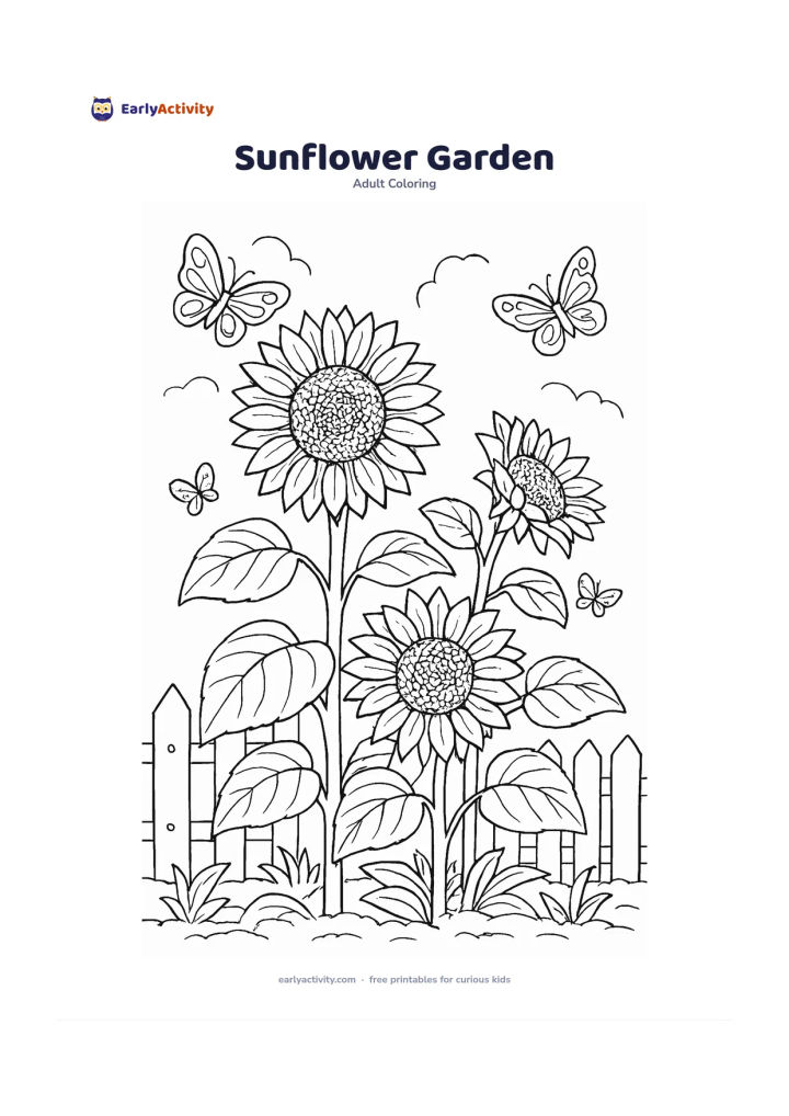Colouring page: Draw three large sunflowers at different stages of bloom, with broad leaves and sturdy stems in a garden bed. Add a low fence, a few butterflies, and open sky areas without filling the…
