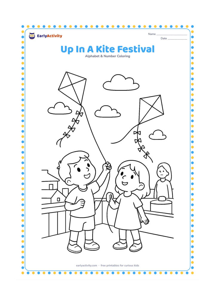 Colouring page: Draw two children looking up while flying colourful kites from a rooftop terrace. Include clouds, distant rooftops, a water tank and safe adult supervision, with no kite writing or symbols.