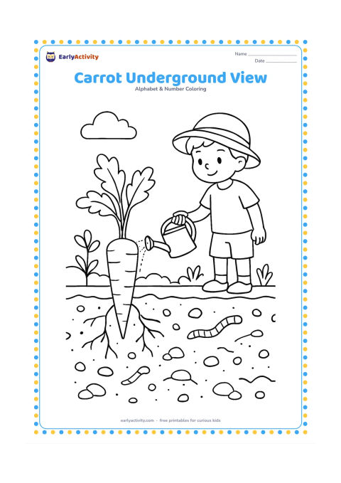 Colouring page: Show a garden cross-section with a large carrot growing underground while its leafy top rises above the soil, alongside earthworms, small stones, roots, and a child watering the garden…