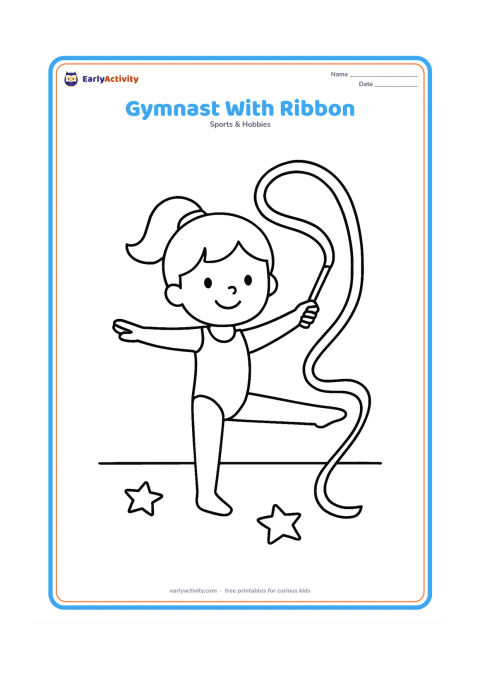 Colouring page: A child gymnast stretches one leg out while holding a ribbon wand, with the ribbon making two broad loops beside the figure. Place the gymnast on a simple floor with a few star-shaped…