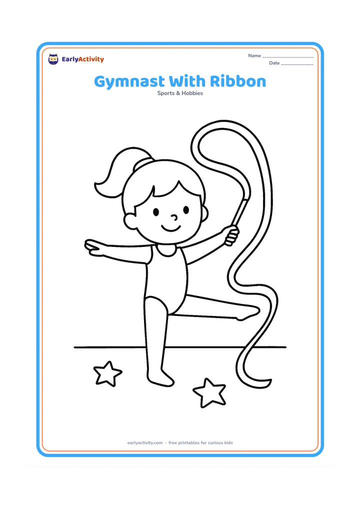 Colouring page: A child gymnast stretches one leg out while holding a ribbon wand, with the ribbon making two broad loops beside the figure. Place the gymnast on a simple floor with a few star-shaped…