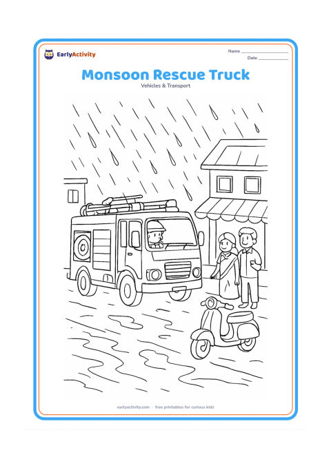 Colouring page: Draw a fire truck carefully travelling through a rainy Indian town, with a firefighter checking a hose and a family standing safely beneath a shop awning. Add puddles, a scooter and…