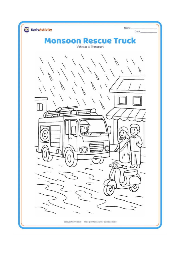 Colouring page: Draw a fire truck carefully travelling through a rainy Indian town, with a firefighter checking a hose and a family standing safely beneath a shop awning. Add puddles, a scooter and…