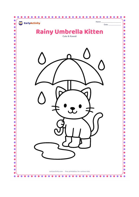 Colouring page: Draw a kitten standing under a large round umbrella with a few big raindrops around it. Add one shallow puddle and simple boots beside the kitten.