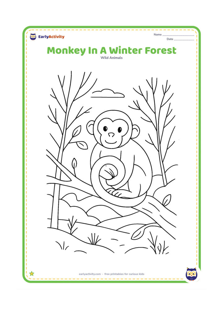 Colouring page: Draw one monkey wrapped in its curled tail while sitting on a bare branch on a cool winter morning. Include leafless trees, a few remaining leaves, misty hills and small ground plants.