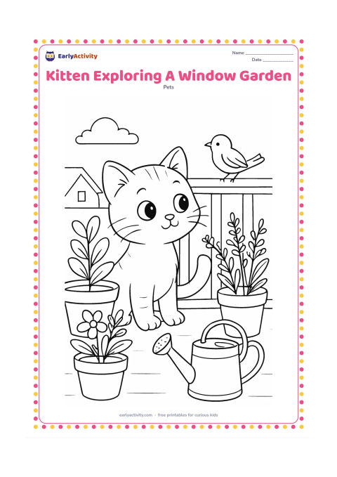 Colouring page: A curious kitten stands on a balcony beside several potted herbs and flowers, looking toward a bird perched on the railing. Include a watering can, leafy plants and distant rooftops.