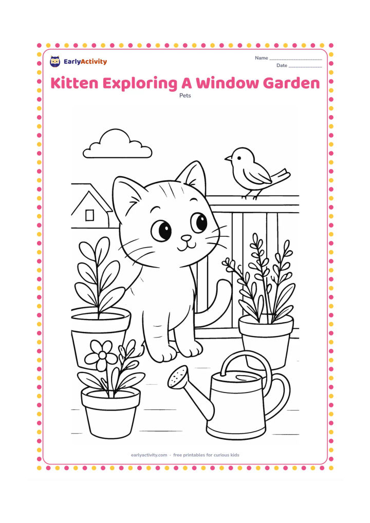 Colouring page: A curious kitten stands on a balcony beside several potted herbs and flowers, looking toward a bird perched on the railing. Include a watering can, leafy plants and distant rooftops.