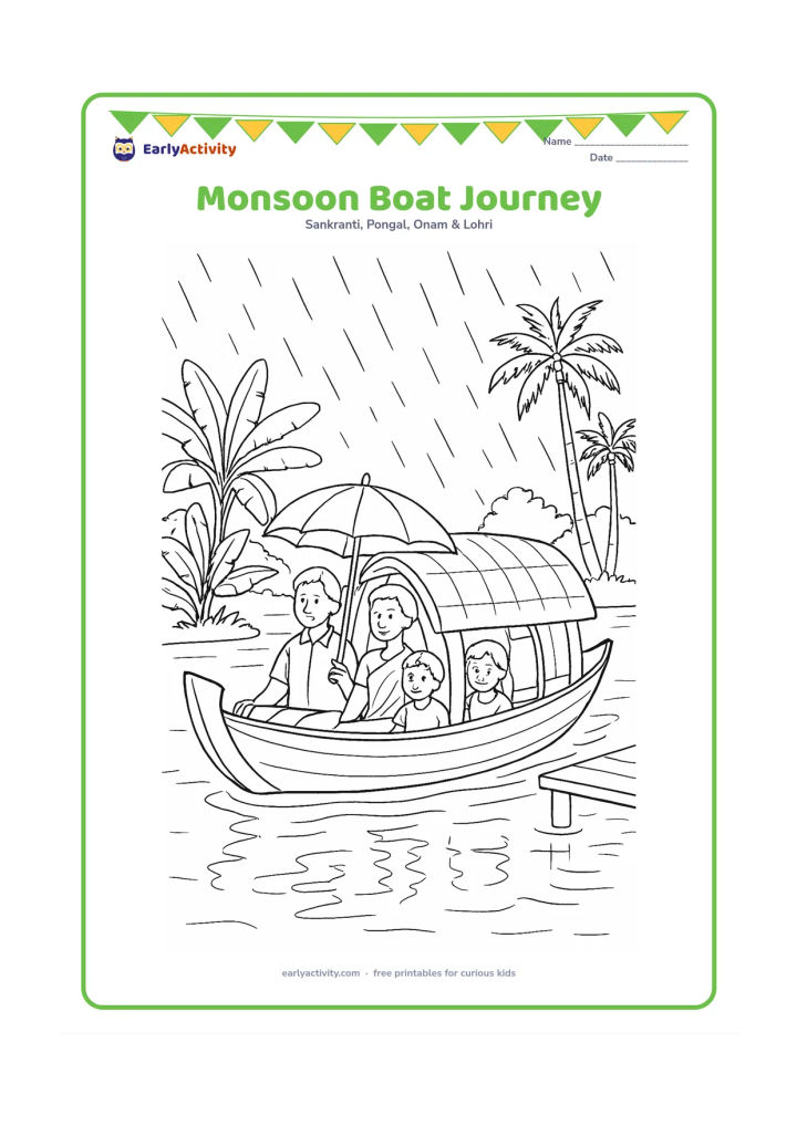 Colouring page: Draw a family travelling in a covered traditional boat along a Kerala backwater during light monsoon rain. Include an umbrella, banana plants, coconut palms, a wooden jetty and reflected…