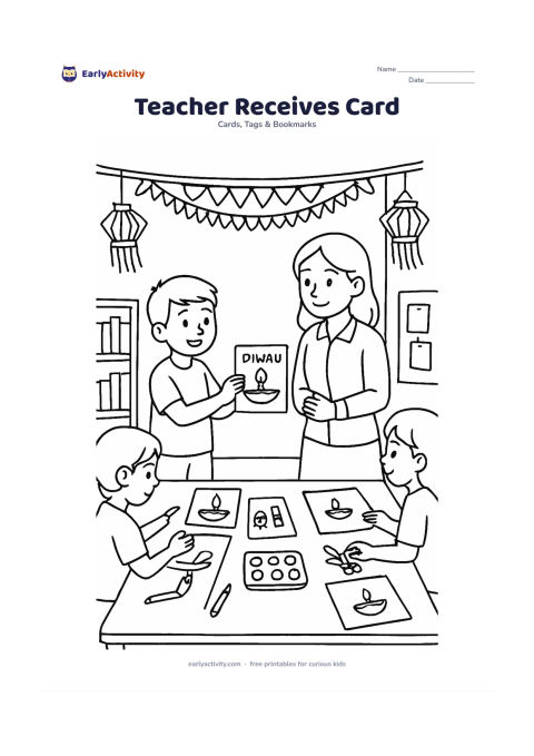 Worksheet: Draw a child presenting a handmade Diwali card to a teacher in a classroom decorated with a toran and paper lanterns. Show classmates at a table with art supplies, a shelf of books and a…