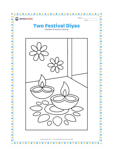Colouring page: Draw exactly two unlit clay diyas on a decorated floor beside a small rangoli made from simple circles and petals. Include a doorway edge and two broad flower shapes, but no extra lamps…