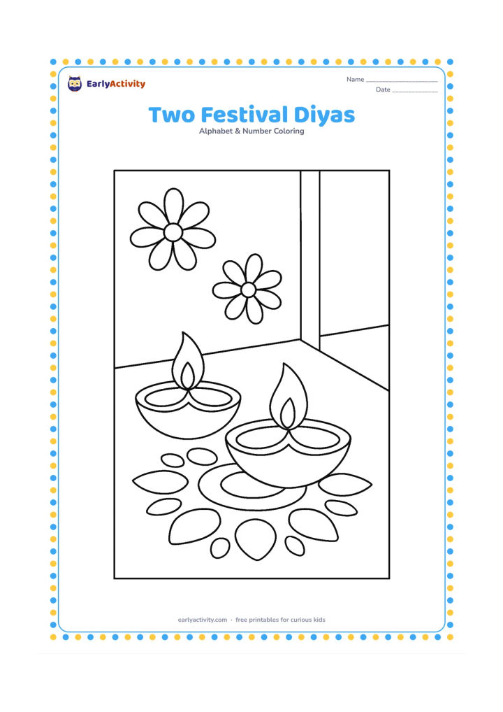Colouring page: Draw exactly two unlit clay diyas on a decorated floor beside a small rangoli made from simple circles and petals. Include a doorway edge and two broad flower shapes, but no extra lamps…