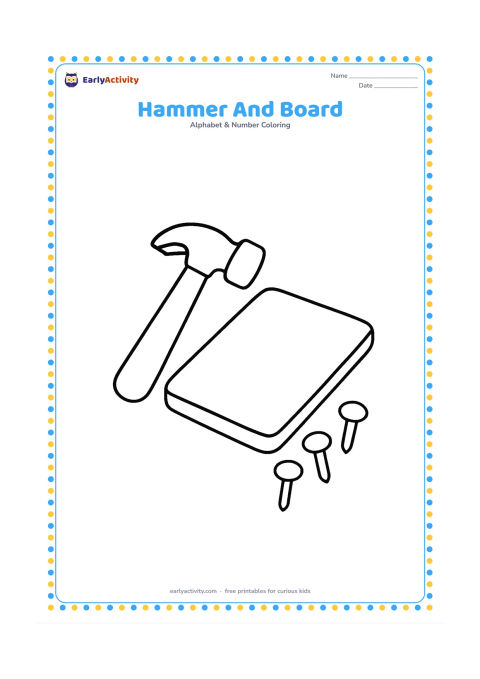 Colouring page: A child-safe toy hammer lies beside a short wooden board and three large round nails, arranged diagonally on a clear work surface. Keep the board blank and show no tools or workshop…