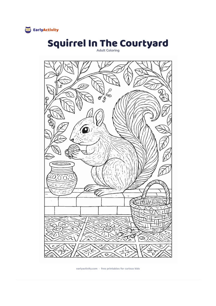 Colouring page: Draw a squirrel sitting on a low courtyard wall and holding a nut. Include leafy branches, a terracotta pot, a woven basket, scattered grains and a patterned floor inspired by an Indian…