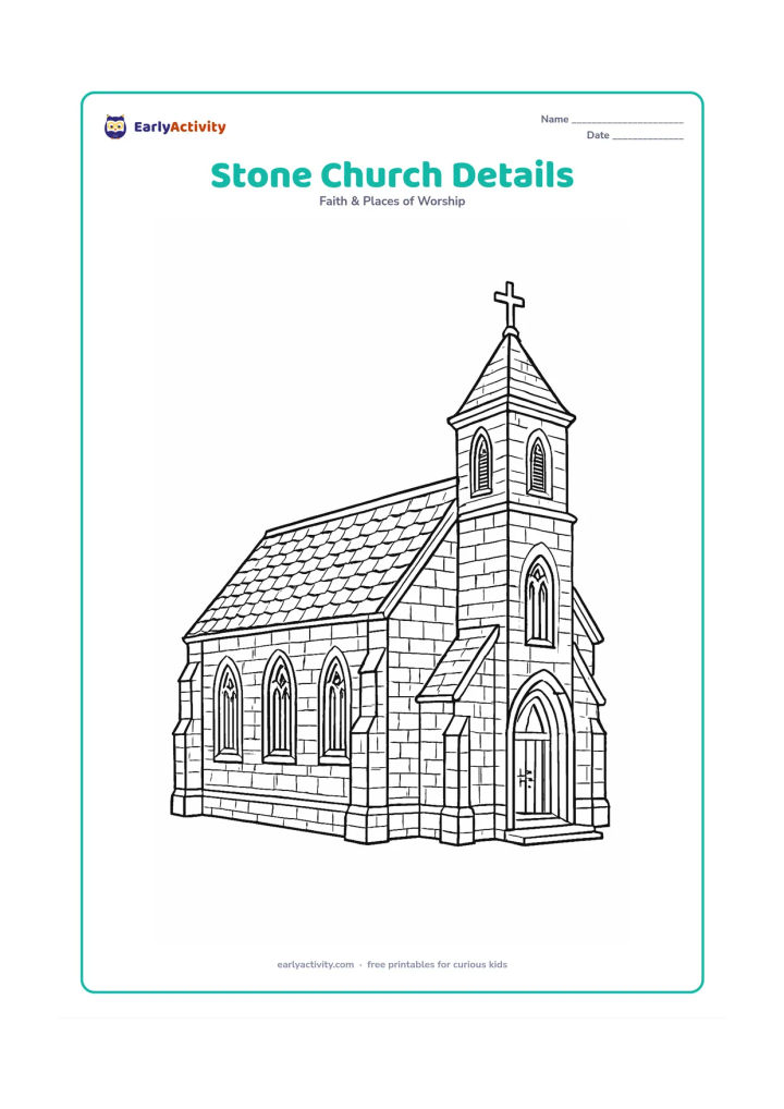 Colouring page: A large stone church is shown at a three-quarter angle with layered roof tiles, masonry blocks, buttresses, tall arched windows, a carved doorway, and a cross-topped tower.