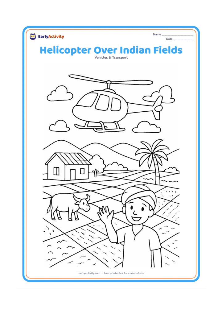 Colouring page: Draw a helicopter flying over patchwork farm fields near a small Indian village with a tiled-roof house, palm tree and water buffalo. Add a farmer waving from the field and distant hills.