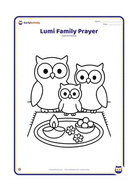 Colouring page: Lumi sits with two adult owl family members near a low tray containing one large diya, flowers and a small bowl of sweets. Show a clean wall and a simple fabric mat behind them.