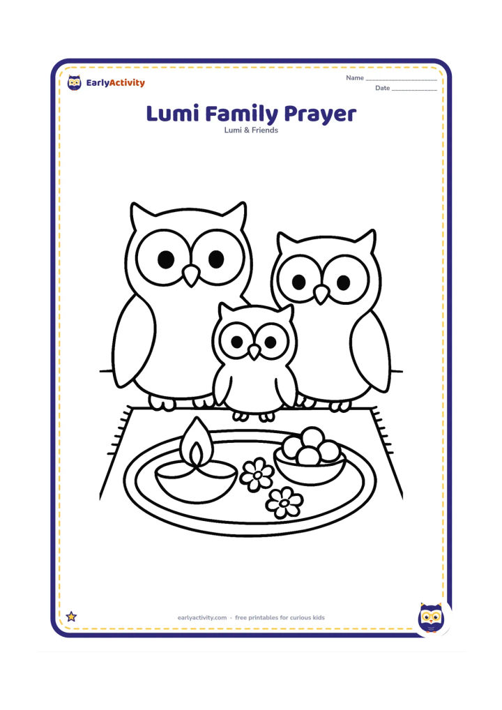 Colouring page: Lumi sits with two adult owl family members near a low tray containing one large diya, flowers and a small bowl of sweets. Show a clean wall and a simple fabric mat behind them.