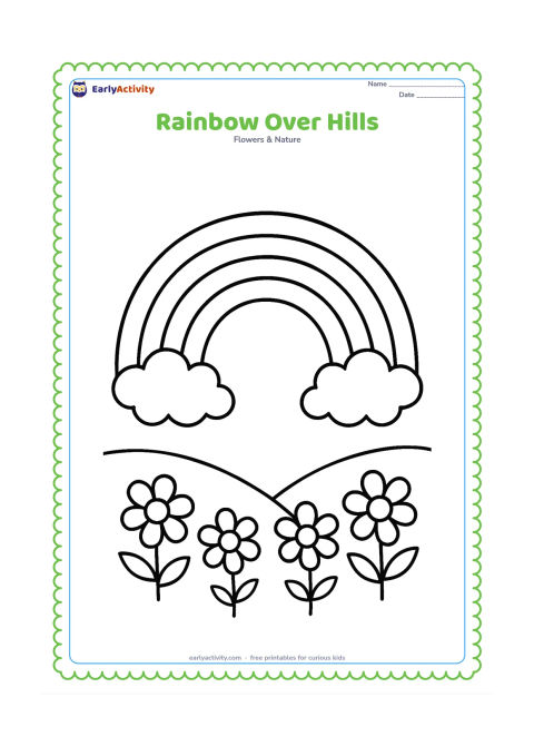 Colouring page: Draw one very large, broad rainbow arc rising over two smooth hills, with two fluffy clouds at the ends and a few oversized flowers in the foreground. Keep the scene open with large,…