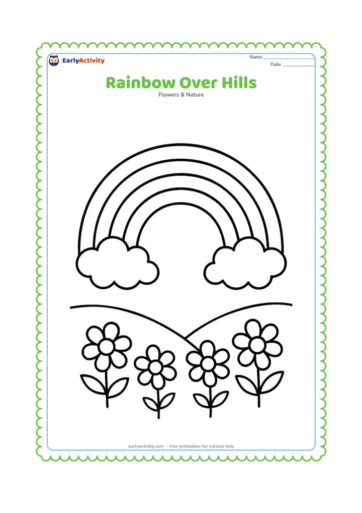 Colouring page: Draw one very large, broad rainbow arc rising over two smooth hills, with two fluffy clouds at the ends and a few oversized flowers in the foreground. Keep the scene open with large,…