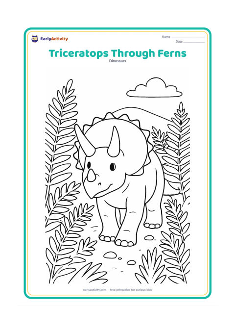 Colouring page: Draw a Triceratops walking toward the viewer through tall ferns, with its three horns and broad frill prominent. Add layered fern leaves, a few pebbles and a distant hill.