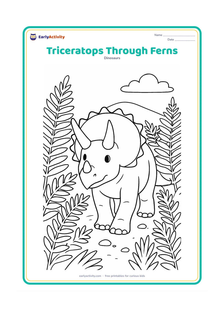 Colouring page: Draw a Triceratops walking toward the viewer through tall ferns, with its three horns and broad frill prominent. Add layered fern leaves, a few pebbles and a distant hill.