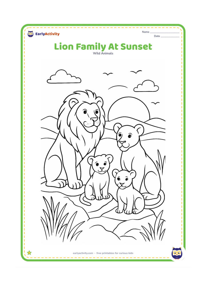 Colouring page: A lion family gathers on a rocky rise at sunset, with an adult pair, two cubs, tall grass, layered hills, clouds, and a large setting sun. Use silhouettes only for distant birds and keep…