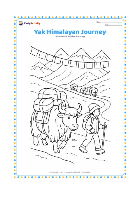 Colouring page: Draw a yak caravan moving along a Himalayan trail, with one yak carrying bundled supplies, a child traveller nearby, layered snow-topped peaks, prayer flags without markings, and a…