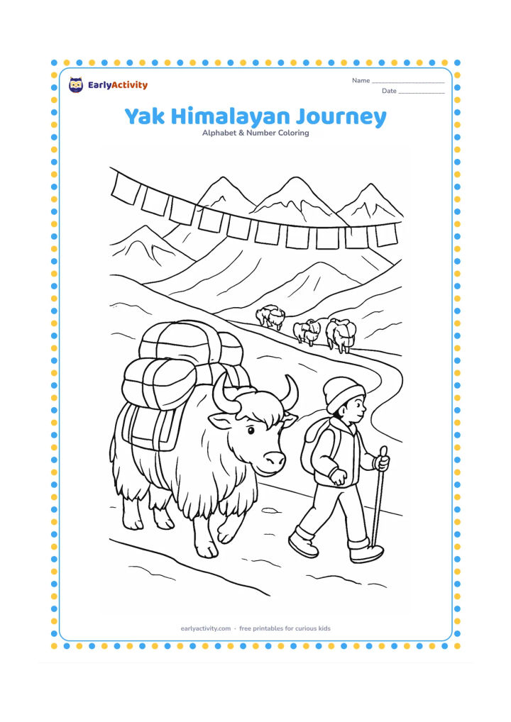 Colouring page: Draw a yak caravan moving along a Himalayan trail, with one yak carrying bundled supplies, a child traveller nearby, layered snow-topped peaks, prayer flags without markings, and a…