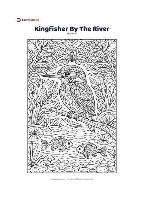 Colouring page: Place a kingfisher perched on a branch above a river in the centre. Surround it with layered feather patterns, rippling water, reeds, river stones, lotus leaves, fish, and leafy branches…