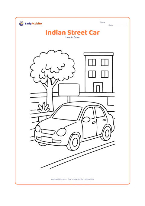 Worksheet: Show a compact car moving along an Indian neighbourhood street with a low wall, a leafy neem-like tree, a small roadside plant and a simple apartment building. Include a blank…