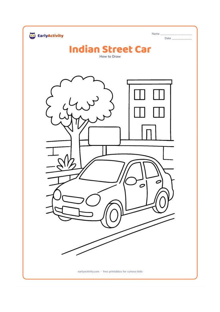 Worksheet: Show a compact car moving along an Indian neighbourhood street with a low wall, a leafy neem-like tree, a small roadside plant and a simple apartment building. Include a blank…
