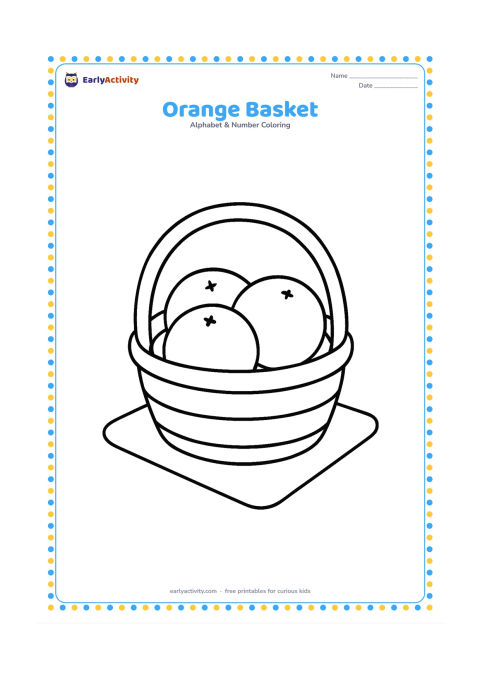 Colouring page: Draw a low woven basket holding three large oranges, placed on a simple kitchen floor mat. Include one broad handle and no tiny weave pattern.