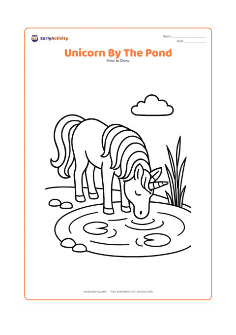 Worksheet: A unicorn lowering its head to drink from a rounded pond, with a curved neck, flowing mane, reflected water lines, reeds and two lily pads. Include a low bank, a few smooth stones and…