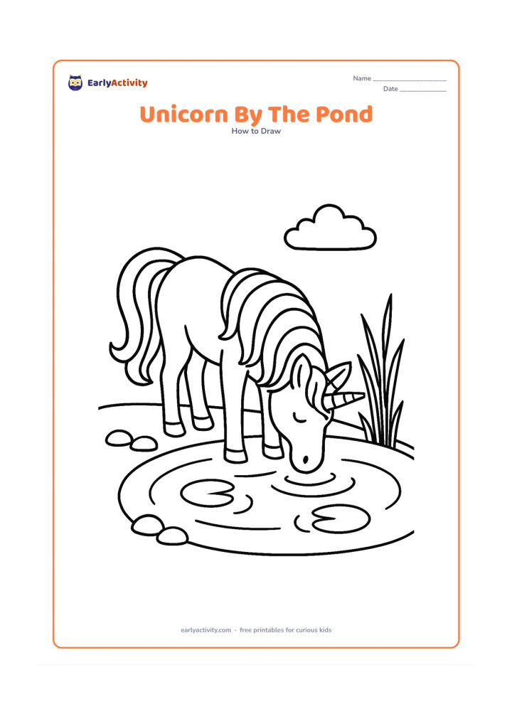 Worksheet: A unicorn lowering its head to drink from a rounded pond, with a curved neck, flowing mane, reflected water lines, reeds and two lily pads. Include a low bank, a few smooth stones and…
