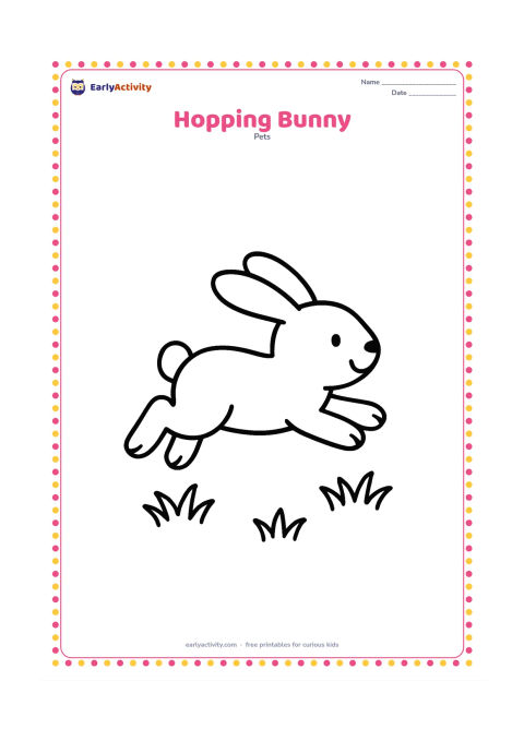 Colouring page: Draw one bunny making a big hop from left to right, with its front paws stretched forward and strong back legs behind. Add two or three simple grass tufts below it.