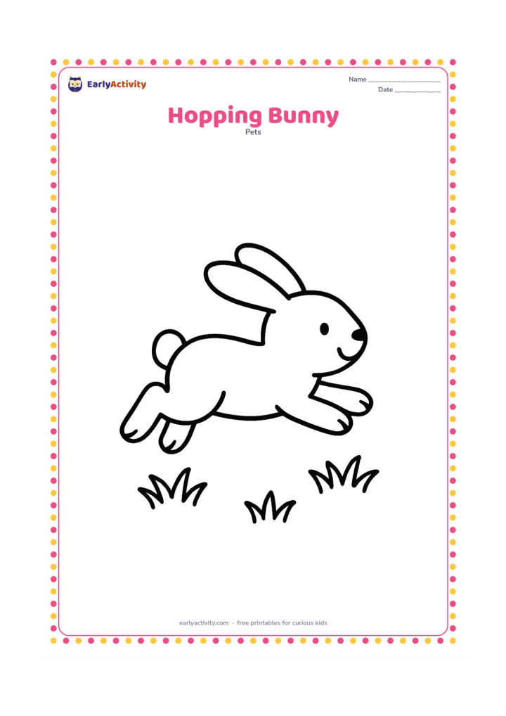 Colouring page: Draw one bunny making a big hop from left to right, with its front paws stretched forward and strong back legs behind. Add two or three simple grass tufts below it.