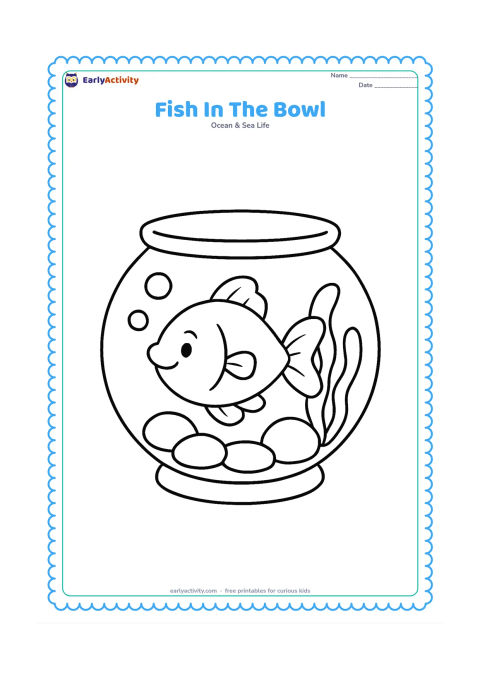 Colouring page: Draw one cheerful goldfish inside a round glass bowl, with a few large pebbles, two simple water plants and bubbles. The bowl should fill most of the page without any furniture or room…