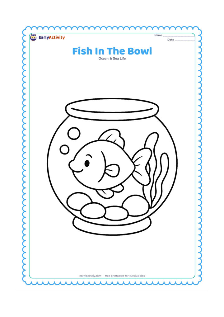 Colouring page: Draw one cheerful goldfish inside a round glass bowl, with a few large pebbles, two simple water plants and bubbles. The bowl should fill most of the page without any furniture or room…