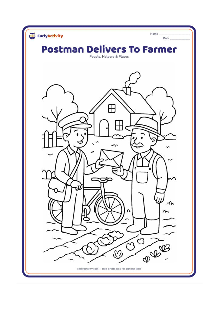 Colouring page: A postman gives an envelope to a farmer beside a rural home and vegetable garden. Include a bicycle, fence, trees and a few simple garden rows.