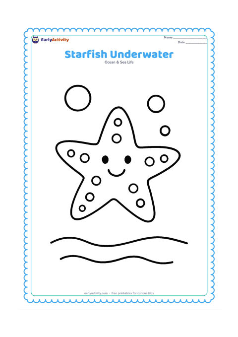 Colouring page: Draw one large starfish drifting underwater with three big bubbles and a simple wavy seabed below.