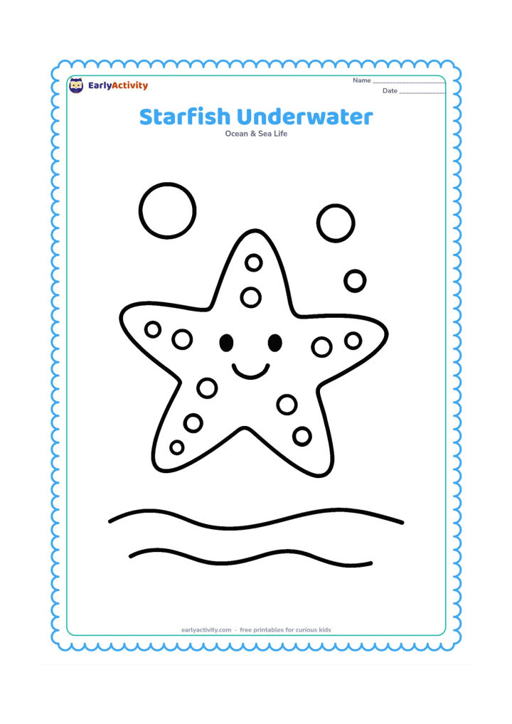 Colouring page: Draw one large starfish drifting underwater with three big bubbles and a simple wavy seabed below.