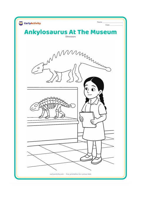 Colouring page: Show an Indian child wearing a simple school uniform observing an Ankylosaurus fossil display in a natural-history museum, with a large fossil skeleton silhouette, display case and floor…