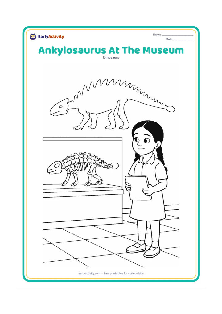 Colouring page: Show an Indian child wearing a simple school uniform observing an Ankylosaurus fossil display in a natural-history museum, with a large fossil skeleton silhouette, display case and floor…