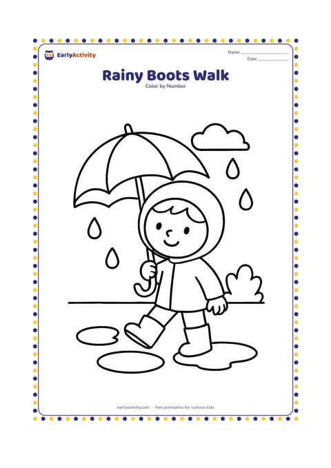 Colouring page: Draw a child wearing rain boots and holding a large umbrella while stepping beside two puddles. Add three raindrops, a small cloud, and a simple shrub.