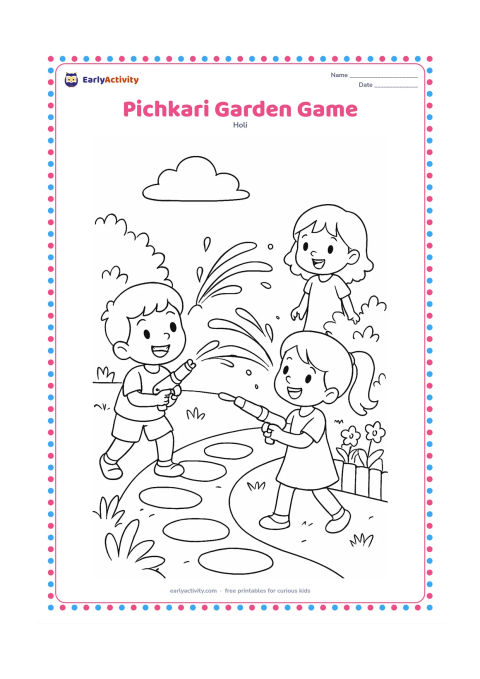 Colouring page: Two children playfully spray water from pichkaris across a garden path while a third child watches from beside a flower bed. Add plants, stepping stones and a small fence.