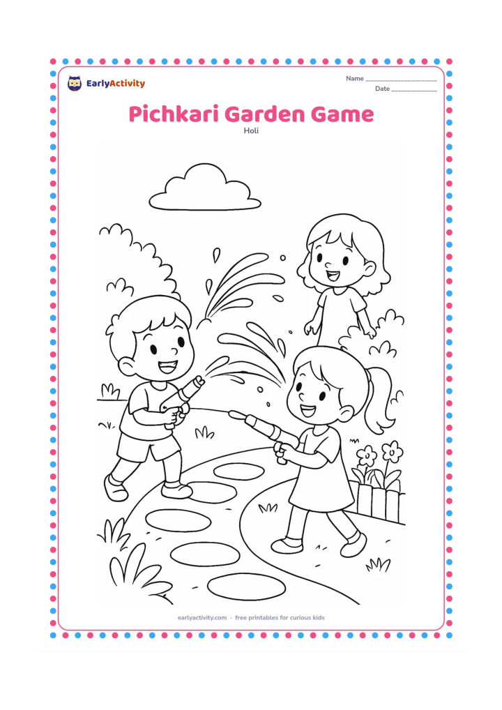 Colouring page: Two children playfully spray water from pichkaris across a garden path while a third child watches from beside a flower bed. Add plants, stepping stones and a small fence.